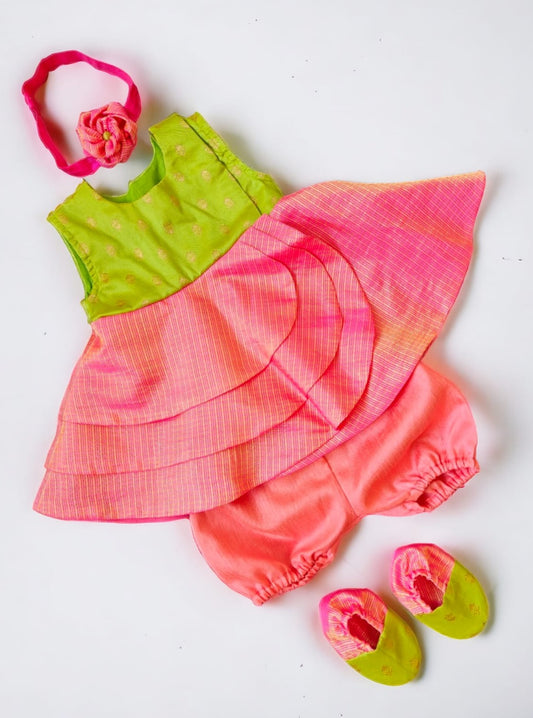 Arnaa Set - Lime Green soft brocade bodice and Carrot Pink chanderi kotta silk open layered flair naming ceremony dress dress with bloomer ,headband and booties for a newborn baby girl