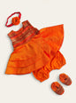 Saffron soft brocade front open layered dress with coordinated bloomer,headband,booties for a newborn baby girl.It's the perfect outfit for your baby's naming ceremony,naamkaran or annaprashan ceremony.Traditional dress for Noolukettu Ceremony,Pachavi Puja,cradle ceremony,Rice Ceremony,Chatti Puja etc. Apt gifting idea