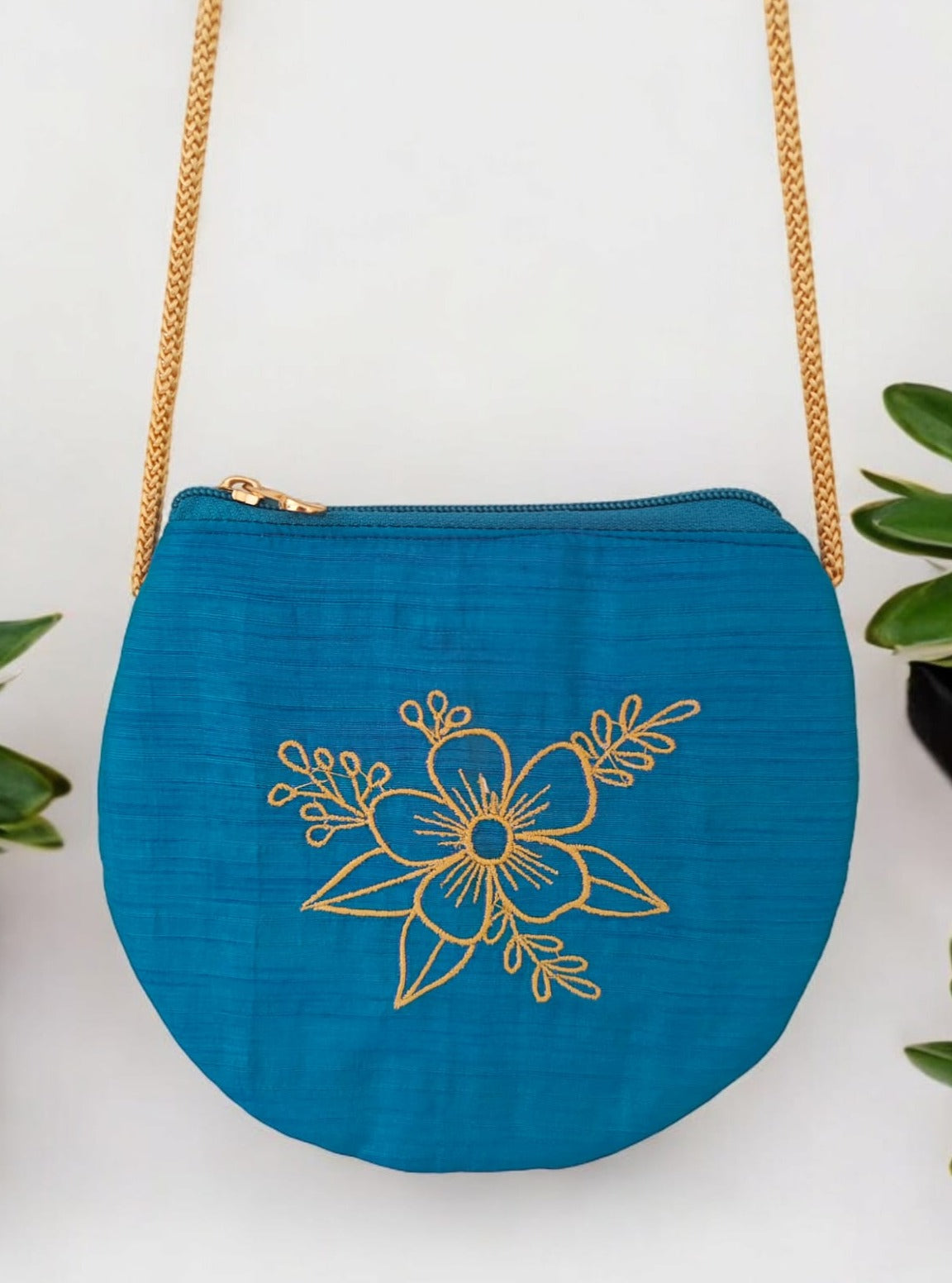 'Flower purse' a cute U shaped palm sized purse with a machine embroidered motif - Peacock Blue