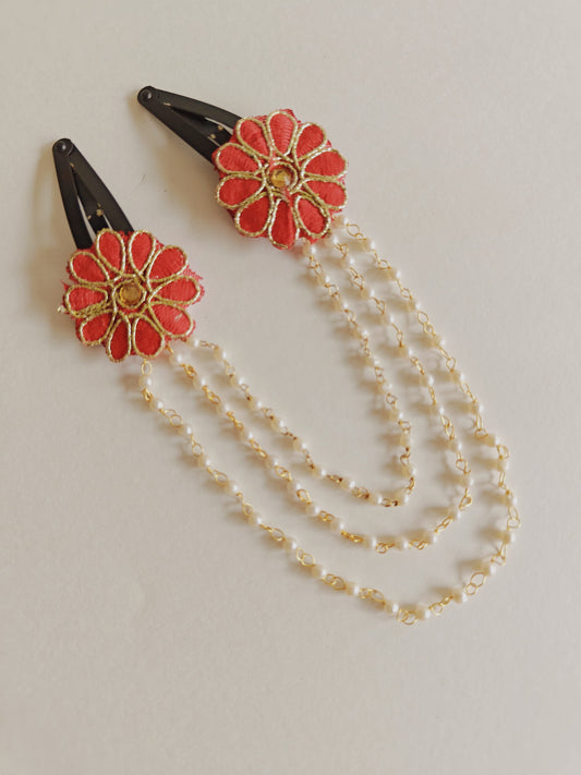 Red two flowers triple layer Pearl chain Hairclips for Girls