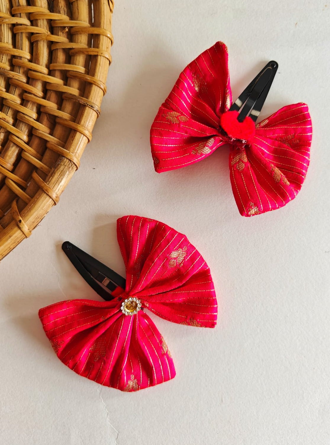 Fuchsia Pink Set of two brocade fabric bow tic tac clips for Girls  Pair these clips with any partywear, Festive or even casual wear and get going.