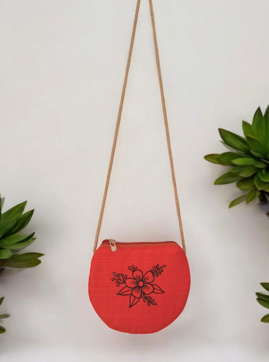 'Flower purse' a cute U shaped palm sized purse with a machine embroidered motif - Orange