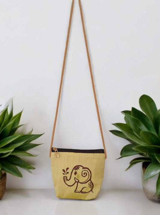 'Elephant purse' a cute Square shaped palm sized purse with base and a machine embroidered motif- Light Yellow
