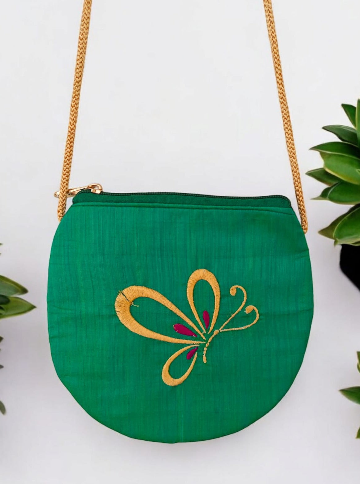 'Butterfly purse' a cute U shaped palm sized purse with a machine embroidered motif - Pista Green