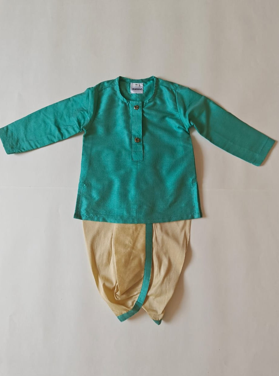 Sea Green cotton silk round neck kurta, Golden cotton silk dhoti with Tussar silk Jacket for Baby Boy.It's the perfect outfit for your baby's naming ceremony,naamkaran,annaprashan ceremony.Traditional dress for Noolukettu Ceremony,Pachavi Puja,cradle ceremony,Rice Ceremony,Chatti Puja etc. Apt gifting idea