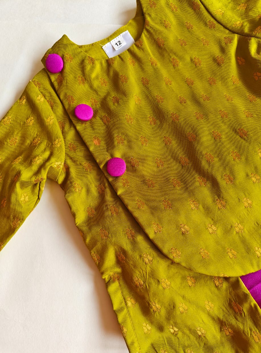 Olive Green brocade silk kurta with magenta fabric buttons teamed with magenta Italian silk dhoti for Baby Boy.It's the perfect outfit for your baby's naming ceremony,naamkaran,annaprashan ceremony.Traditional dress for Noolukettu Ceremony,Pachavi Puja,cradle ceremony,Rice Ceremony,Chatti Puja etc. Apt gifting idea.