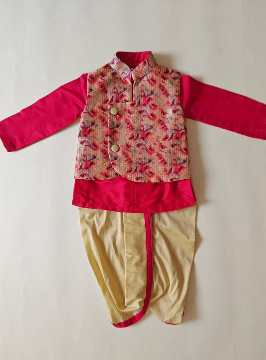 Rani pink cotton silk round neck kurta, Golden cotton silk dhoti with Tussar silk Jacket for Baby Boy.It's the perfect outfit for your baby's naming ceremony,naamkaran,annaprashan ceremony.Traditional dress for Noolukettu Ceremony,Pachavi Puja,cradle ceremony,Rice Ceremony,Chatti Puja etc. Apt gifting idea