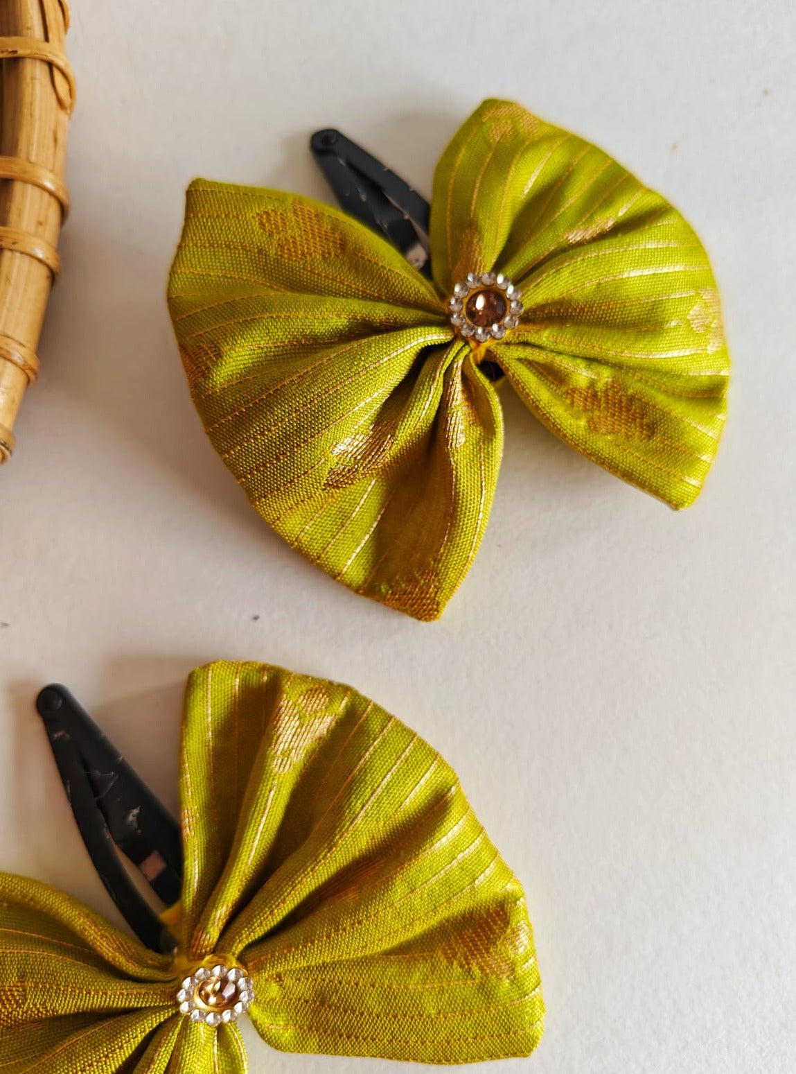 Lime Green Set of two brocade fabric bow tic tac clips for Girls  Pair these clips with any partywear, Festive or even casual wear and get going.