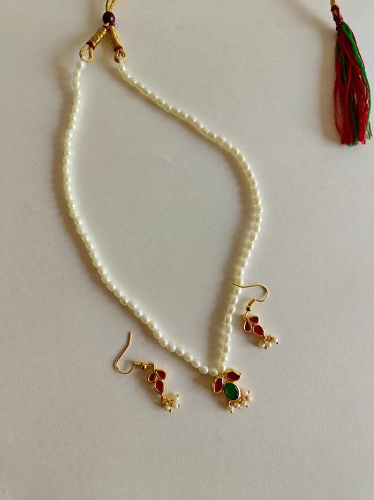 Mukta Set - Pink Green Pearl chain necklace with Kundan pendant stringed pearls necklace with leaf shaped kundan studded pendant and matching earrings for Girls