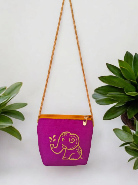 'Elephant purse' a cute Square shaped palm sized purse with base and a machine embroidered motif- Magenta