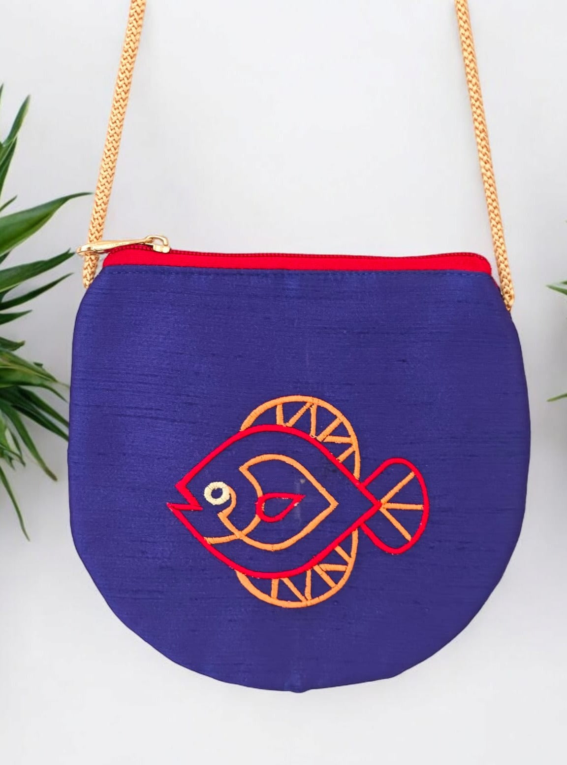 'Fish purse' a cute U shaped palm sized purse with a machine embroidered motif- Royal Blue