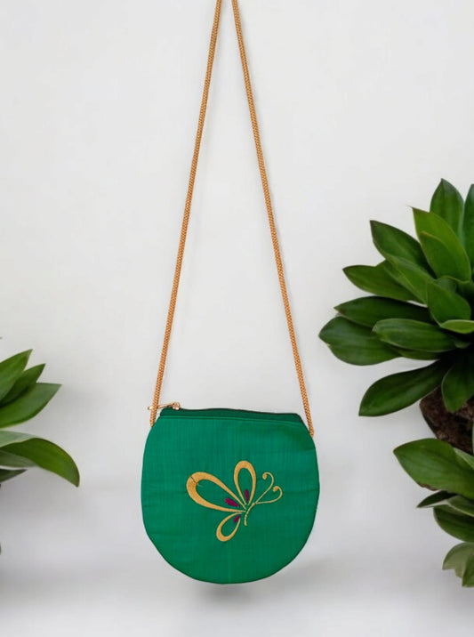 'Butterfly purse' a cute U shaped palm sized purse with a machine embroidered motif - Pista Green