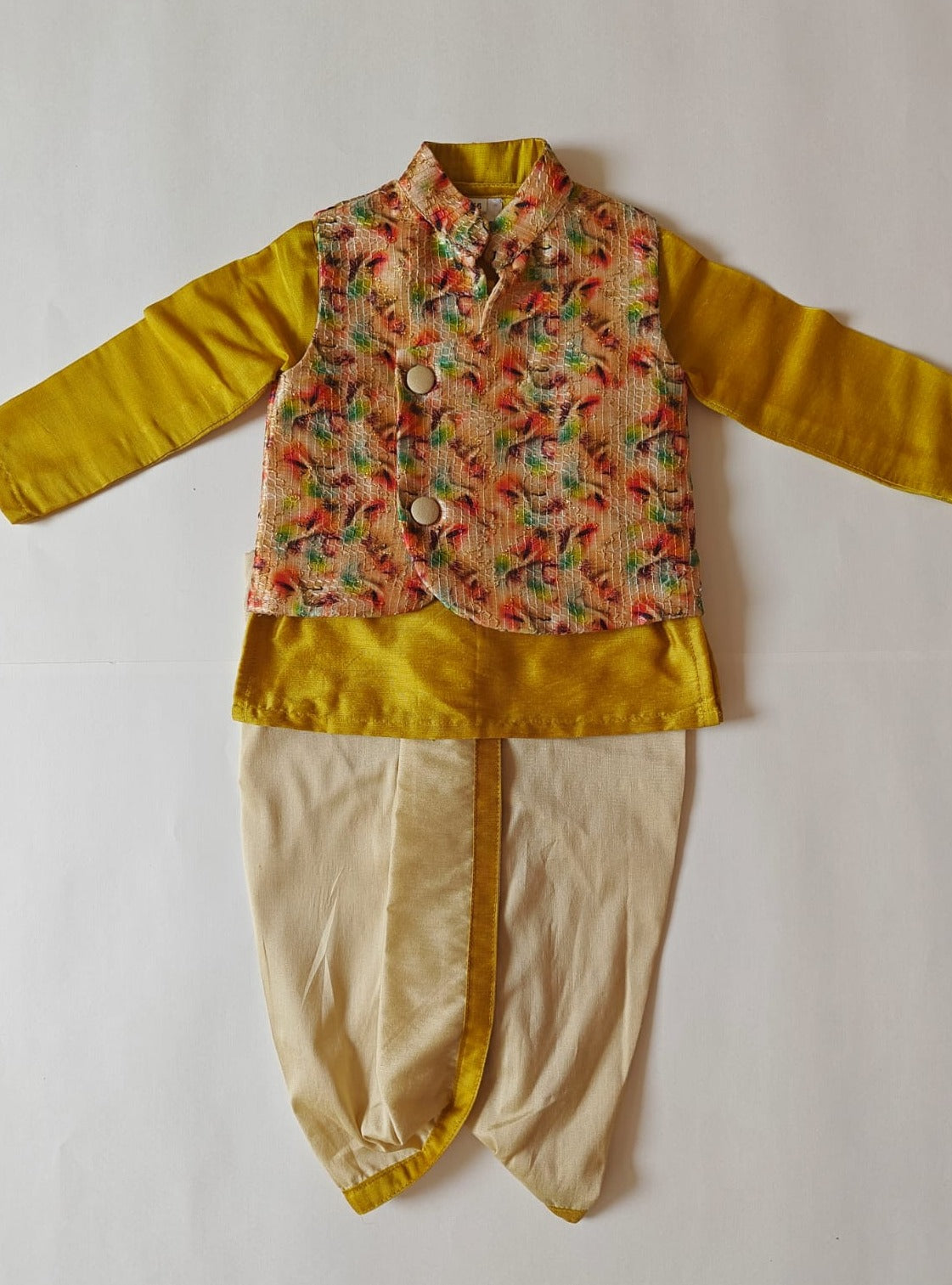 Olive Green cotton silk round neck kurta, Golden cotton silk dhoti with Tussar silk Jacket for Baby Boy.It's the perfect outfit for your baby's naming ceremony,naamkaran,annaprashan ceremony.Traditional dress for Noolukettu Ceremony,Pachavi Puja,cradle ceremony,Rice Ceremony,Chatti Puja etc. Apt gifting idea