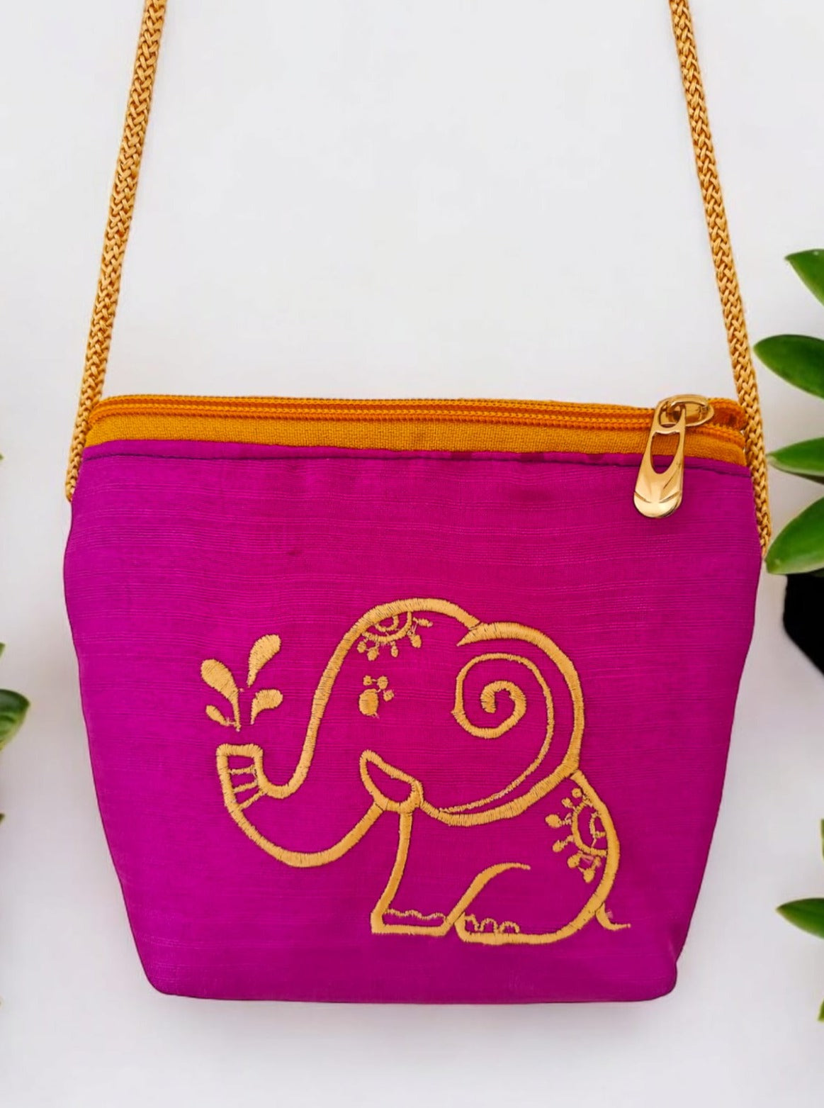 'Elephant purse' a cute Square shaped palm sized purse with base and a machine embroidered motif- Magenta