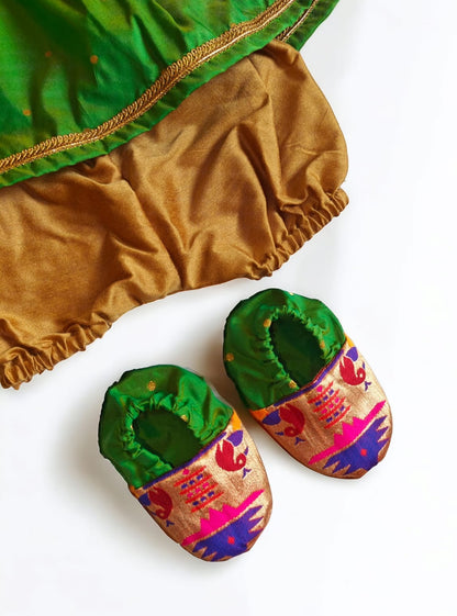 Parrot Green Paithani brocade silk,front open newborn dress for naming ceremony with bonnet, bloomer & booties.It's the perfect outfit for your baby's naming ceremony,naamkaran or annaprashan ceremony.Traditional dress for Noolukettu Ceremony,Pachavi Puja,cradle ceremony,Rice Ceremony,Chatti Puja etc.Apt gifting idea 