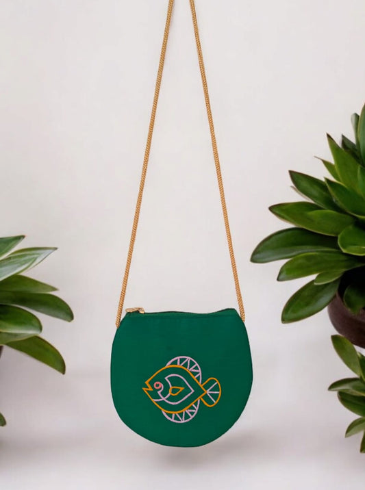 'Fish purse' a cute U shaped palm sized purse with a machine embroidered motif- Green