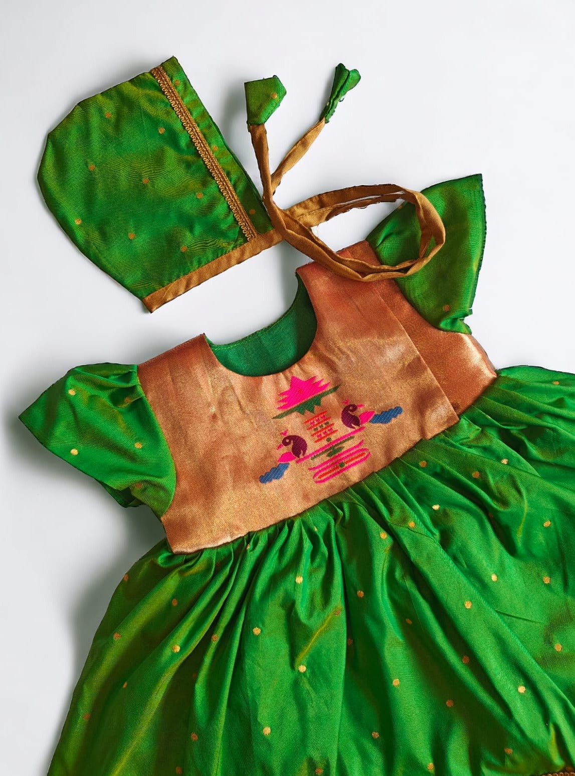 Parrot Green Paithani brocade silk,front open newborn dress for naming ceremony with bonnet, bloomer & booties.It's the perfect outfit for your baby's naming ceremony,naamkaran or annaprashan ceremony.Traditional dress for Noolukettu Ceremony,Pachavi Puja,cradle ceremony,Rice Ceremony,Chatti Puja etc.Apt gifting idea 