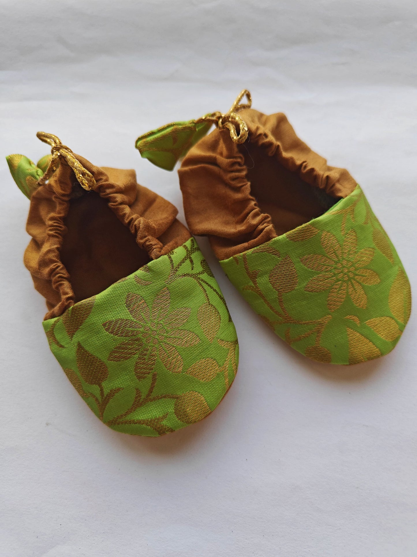 Parrot Green and Golden Brocade unisex booties for newborn baby