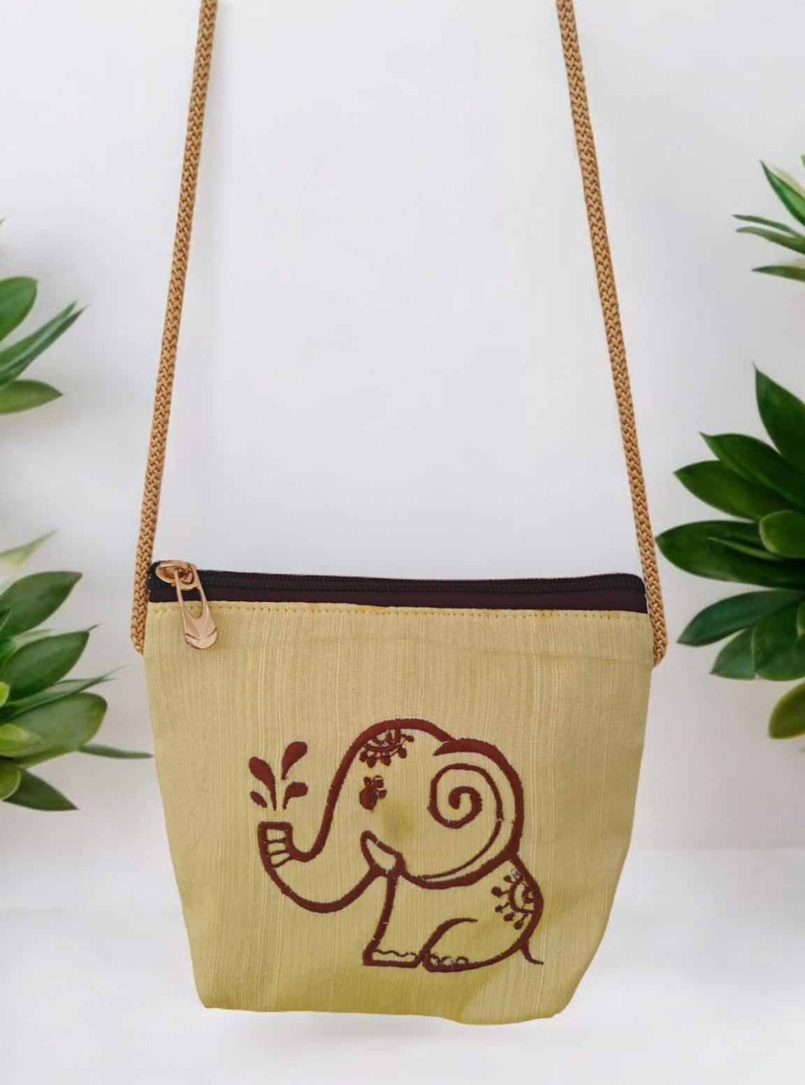 'Elephant purse' a cute Square shaped palm sized purse with base and a machine embroidered motif- Light Yellow