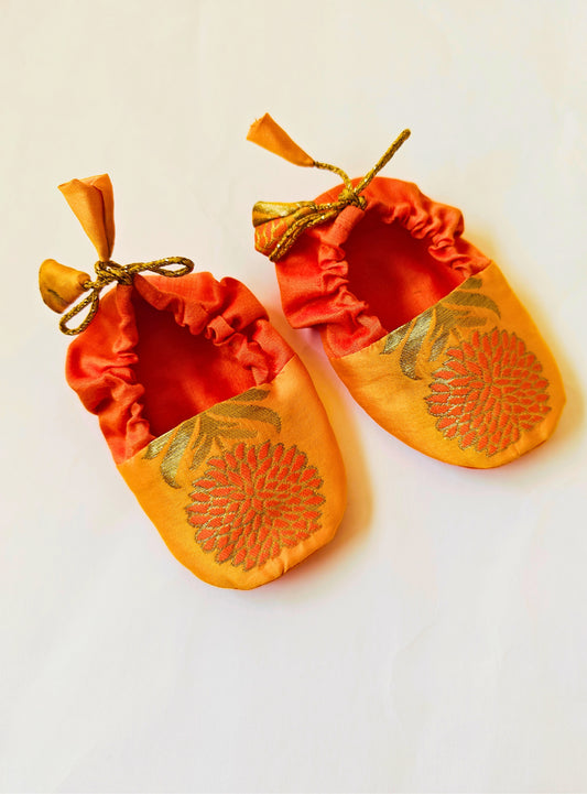 Yellow and Orange Brocade unisex booties for newborn baby