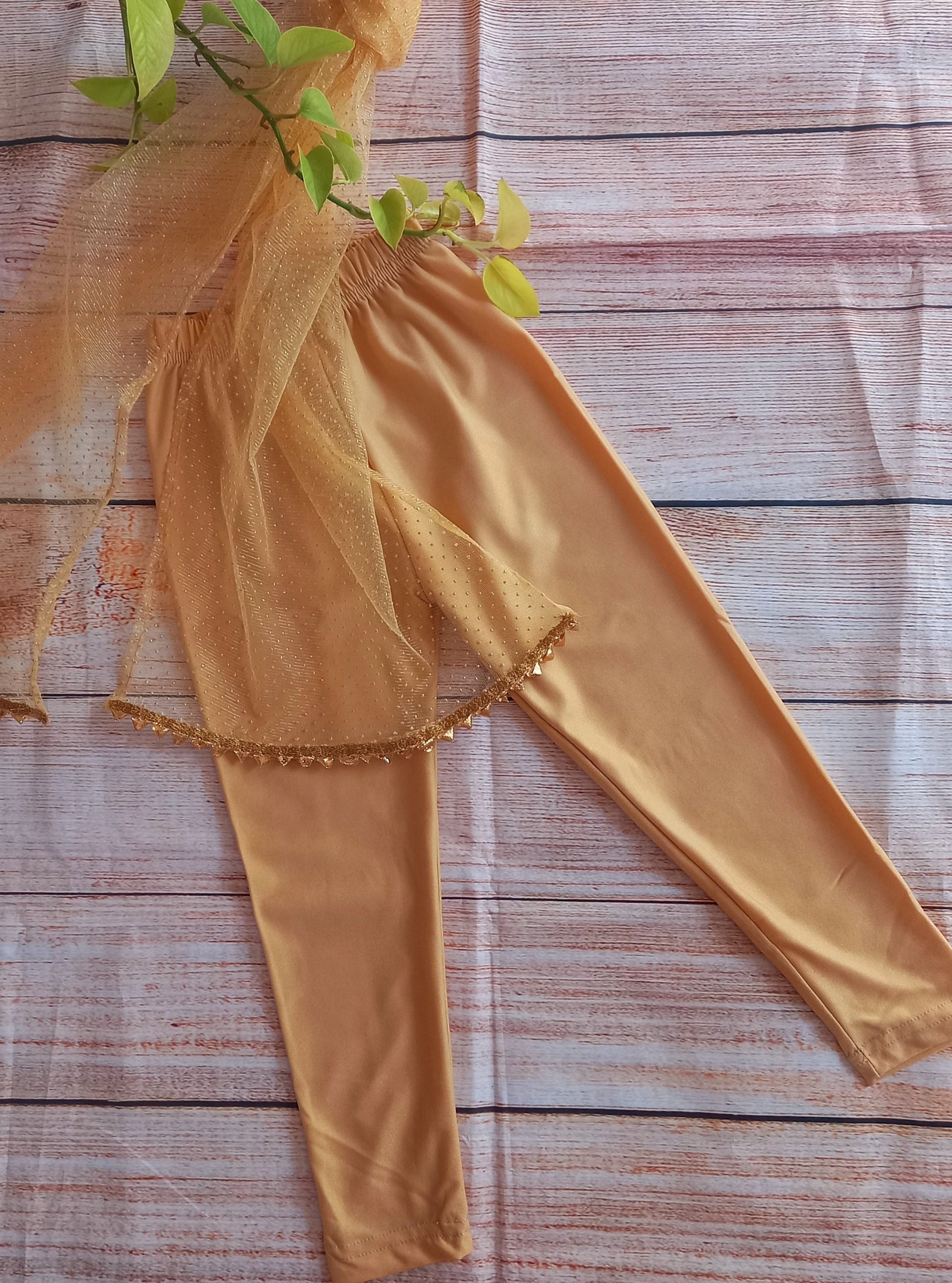 Golden Shimmer Lycra Leggings and Net Dupatta with Gotapatti Lace Set