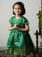 Leaf Green banarasi brocade dress with woven jari borders for Girls.Let your princess be as comfortable as in her casuals with carefully designed & crafted Comfort Ethnic Wear by Soyara Ethnics.Keep her fashion quotient high with timeless patterns, vibrant combinations and royal textiles.