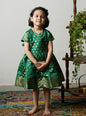 Leaf Green banarasi brocade dress with woven jari borders for Girls.Let your princess be as comfortable as in her casuals with carefully designed & crafted Comfort Ethnic Wear by Soyara Ethnics.Keep her fashion quotient high with timeless patterns, vibrant combinations and royal textiles.