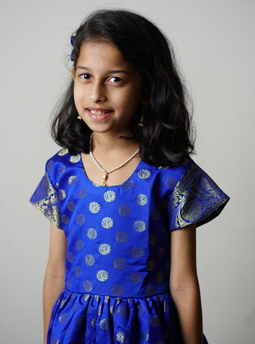 Royal blue banarasi brocade dress with woven jari borders for Girls –  Soyara Ethnics Studio