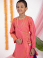 Carrot Pink intricate Butta brocade kurta with Angrakha pattern.Kurtas with collar or Angrakha pattern teamed with salwar are the best choice for any festive occasion for boys. They are Trendy, Easy to wear and comfortable to carry.