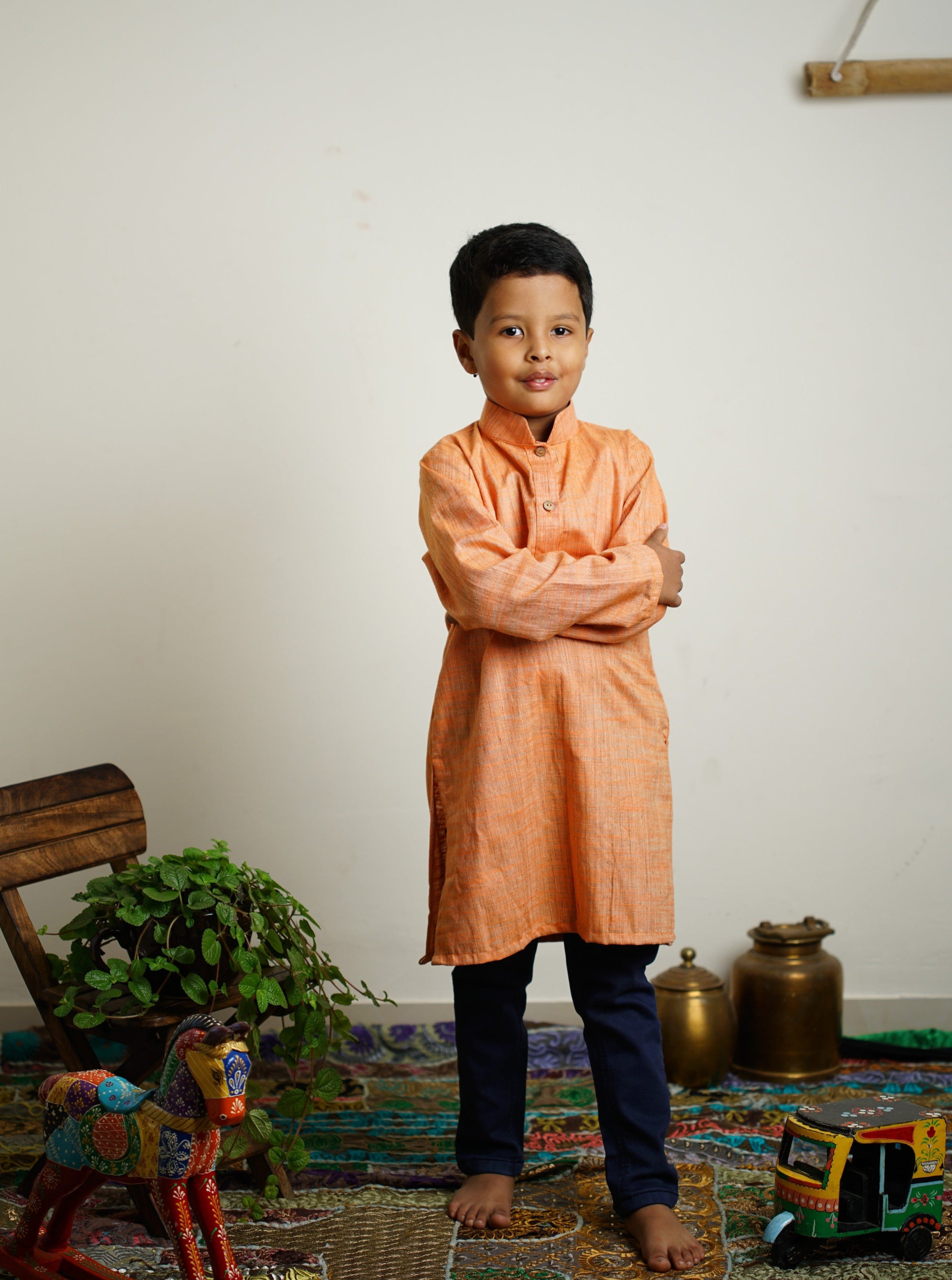 Light Orange Khadi silk stand collar long kurta with wooden