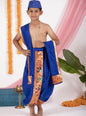 Royal Blue Mysore Silk Dhoti/Soval/Kad & Shawl/Upran/Shela with Paithani jari Border Set for Batu.Pre-stitched sovale uparane set includes Ready to wear Sovale & Uparane/Upavastra.Can be paired with a short kurta.This Set is ideal for rituals like Matrubhojan,Muhurt during Munj/Upanayan/Vratabandha/Thread Ceremony.