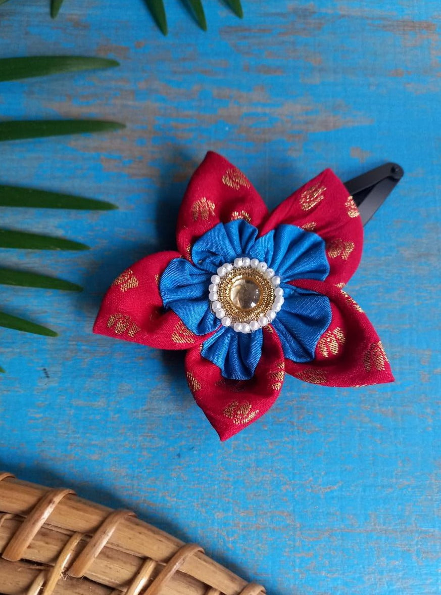 Dark Pink and Blue Daffodil Handcrafted Hair Clip Soyara Ethnics