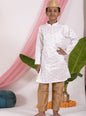 White Bhagalpur Silk Stand Collar Kurta with Golden Salwar Set.Kurtas with collar or Angrakha pattern teamed with salwar are the best choice for any festive occasion for boys.They are Trendy, Easy to wear and comfortable to carry.